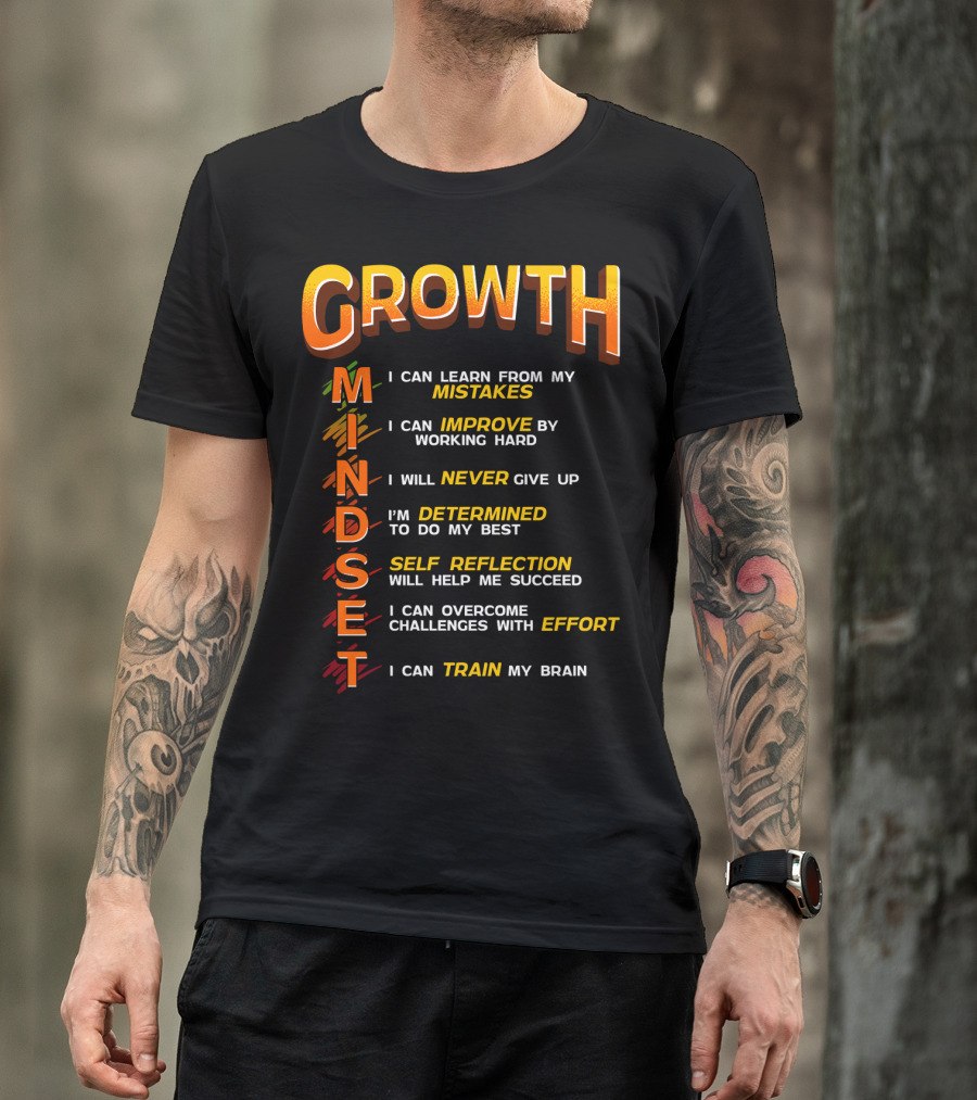 Growth Mindset Teacher Classroom Brain Motivation Mistakes Improve Never Determined Self Reflection Effort Train T-Shirt