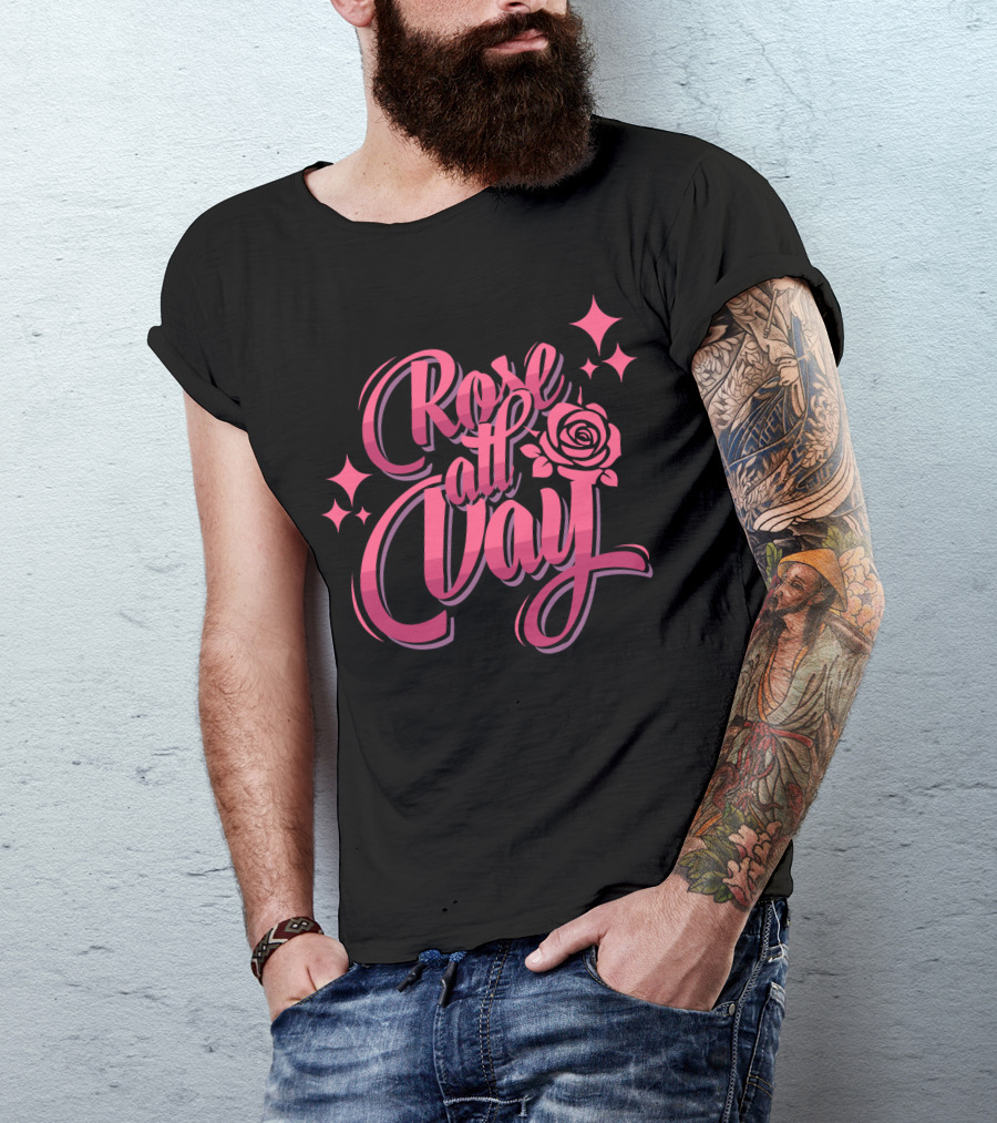 Rose All Day With Stylized Pink Rose And Stars T-Shirt