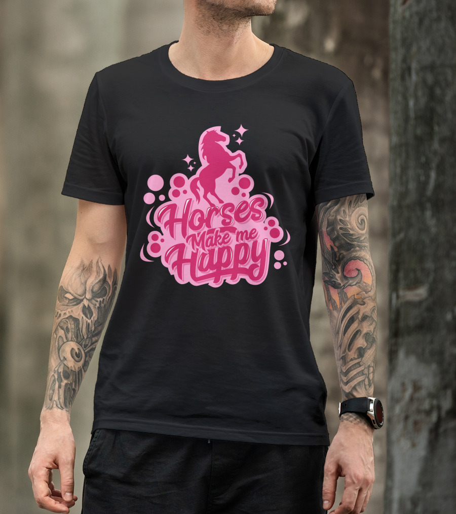 Horses Make Me Happy Pink Horse Silhouette With Stars And Circles T-Shirt