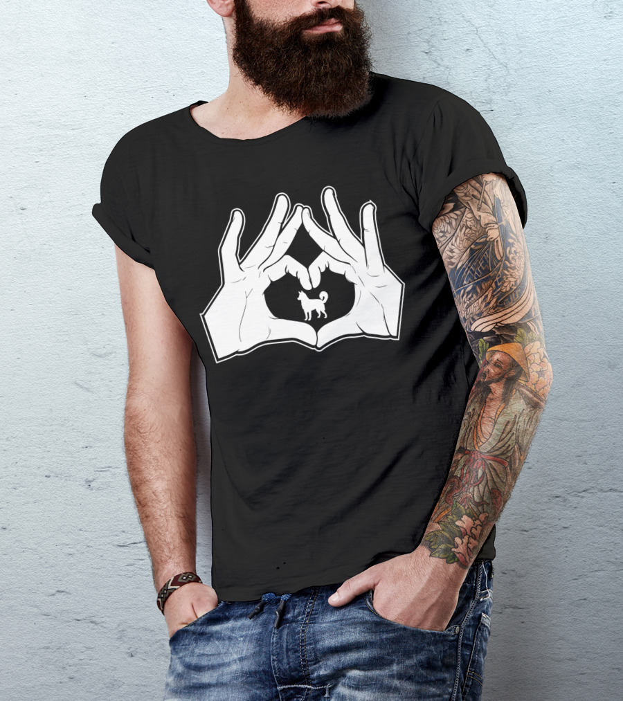 Alaskan Clover Kai Hands Heart Sign Dog Inside Hand Heart Gesture T-Shirt