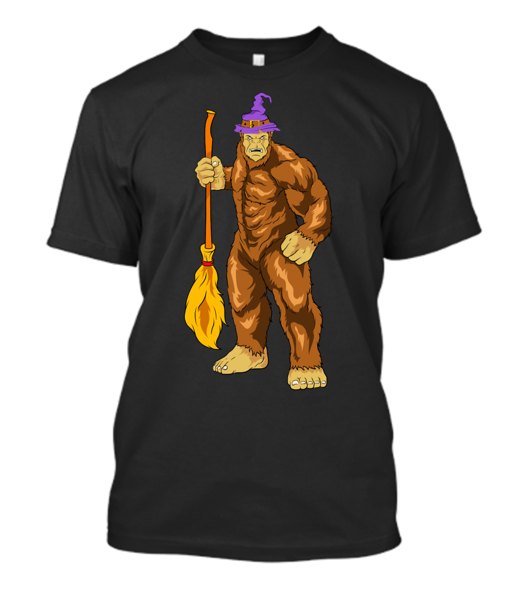 Bigfoot Witch Sasquatch With Broomstick Halloween Wizard Hat T-Shirt