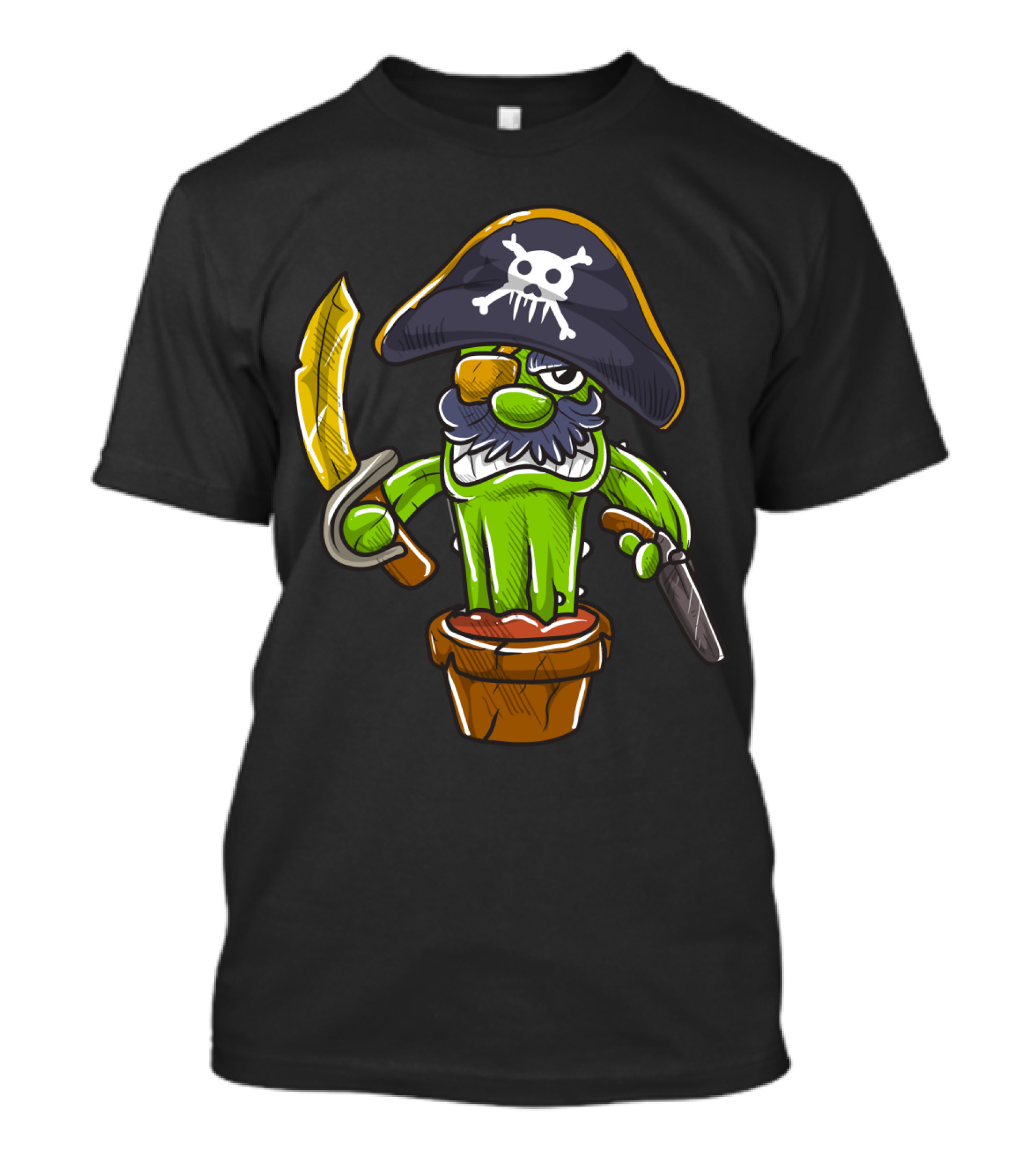 Cactus Pirate Jolly Roger Skull Spooky Pot Sword Eyepatch T-Shirt