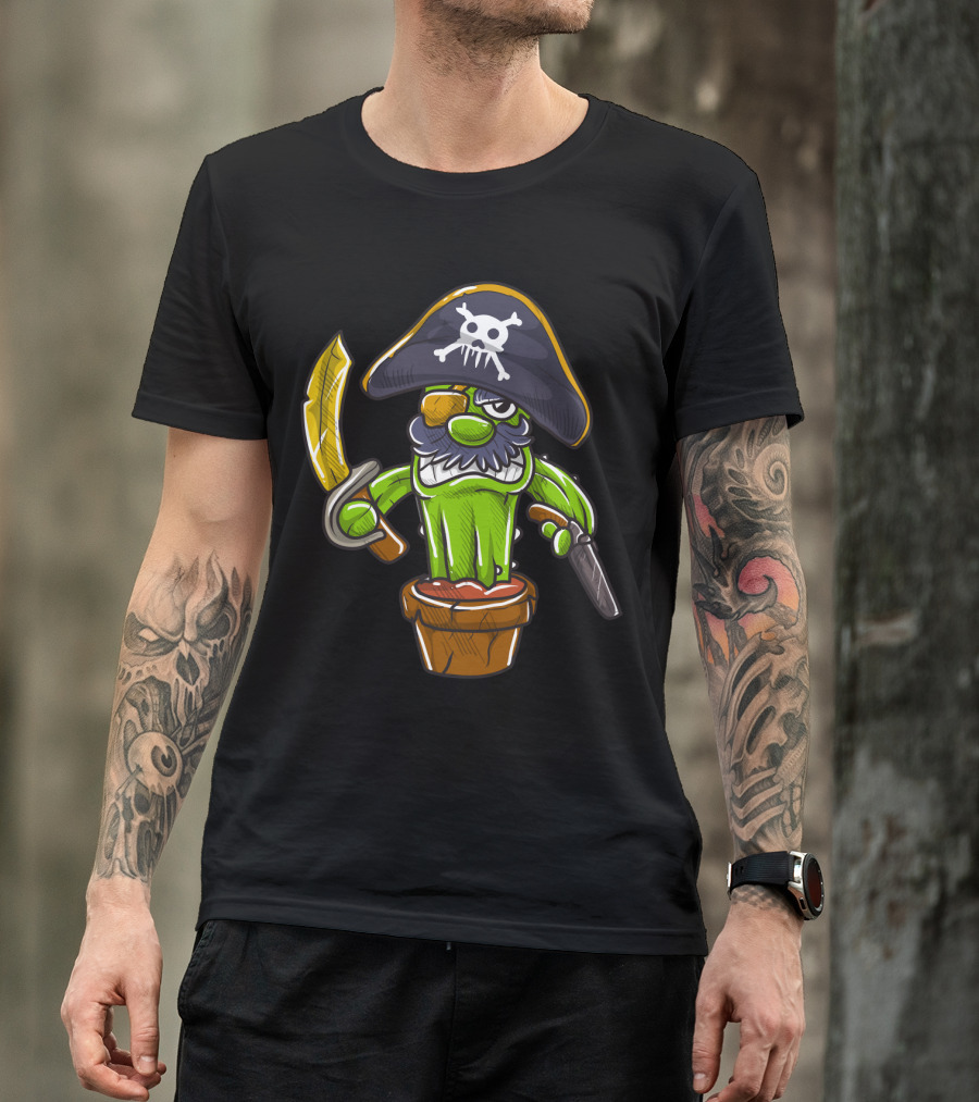 Cactus Pirate Jolly Roger Skull Spooky Pot Sword Eyepatch T-Shirt