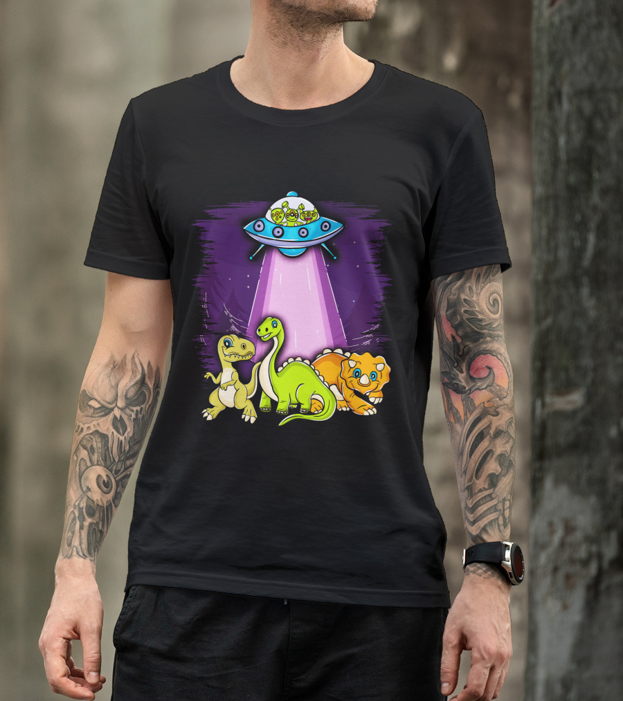 Dinosaur Alien Abduction Dinosaur Extinction Conspiracy UFO Cartoon T-Shirt