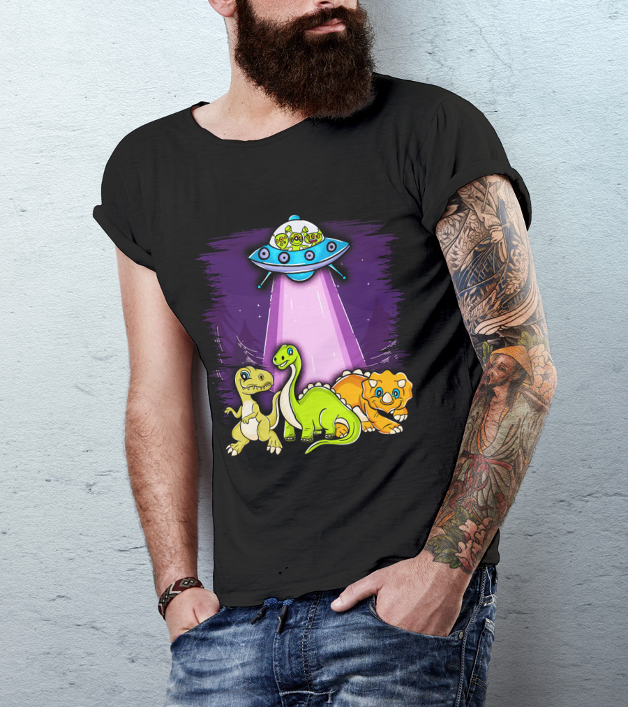 Dinosaur Alien Abduction Dinosaur Extinction Conspiracy UFO Cartoon T-Shirt