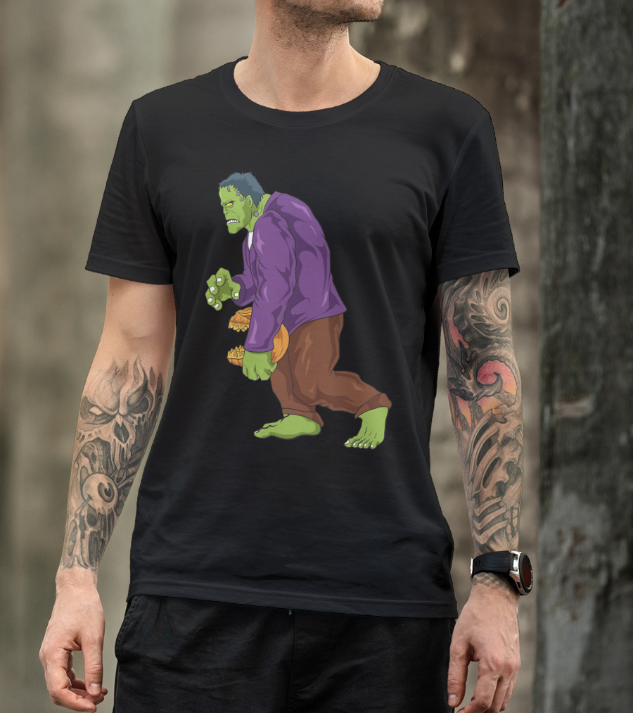 Frankenstein Bigfoot Carrying Pumpkin Funny Halloween Monster Zombie T-Shirt