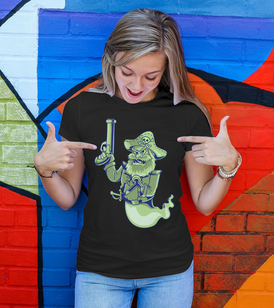 Ghost Pirate Jolly Roger Skull With Sword And Gun Spooky Specter T-Shirt