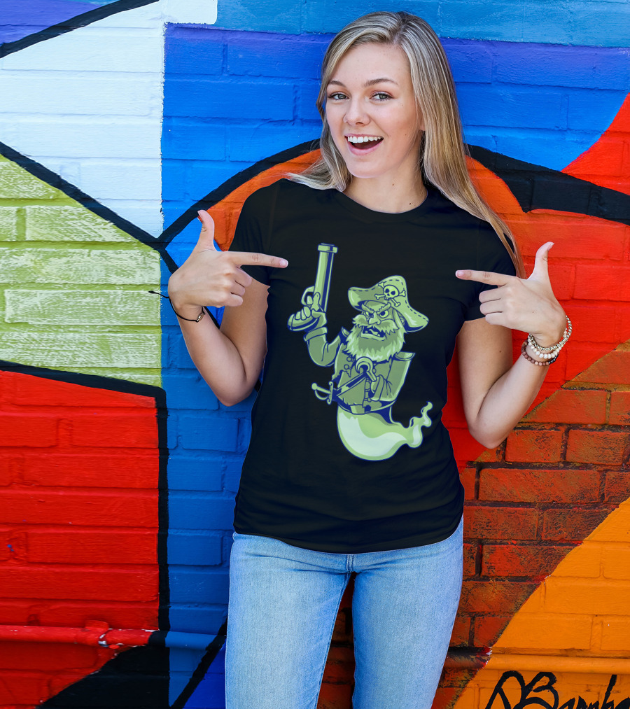 Ghost Pirate Jolly Roger Skull With Sword And Gun Spooky Specter T-Shirt