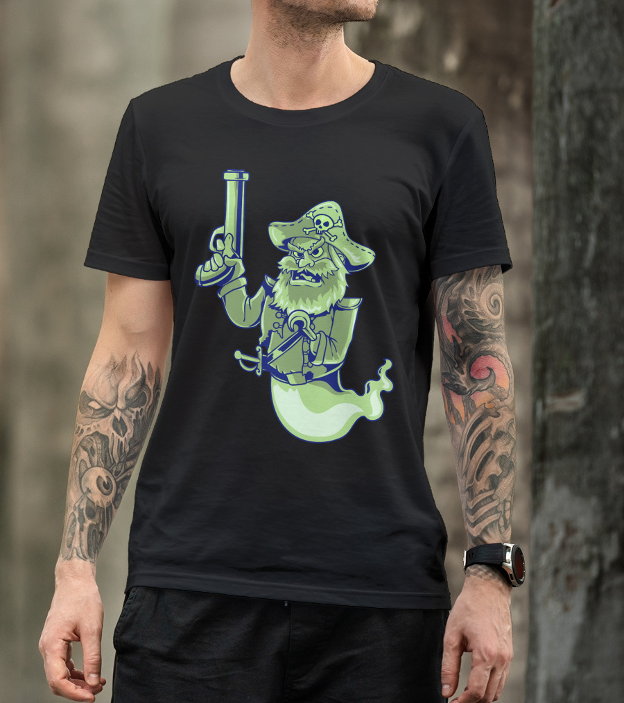 Ghost Pirate Jolly Roger Skull With Sword And Gun Spooky Specter T-Shirt