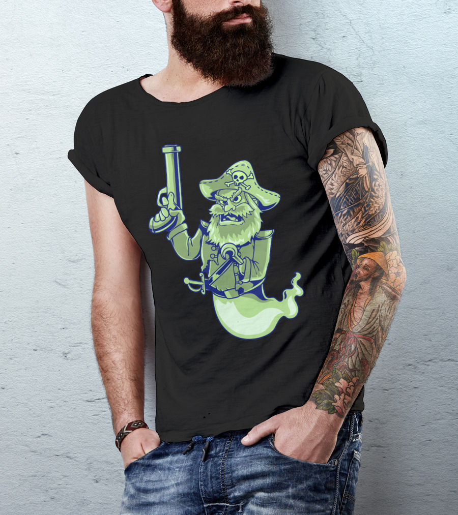 Ghost Pirate Jolly Roger Skull With Sword And Gun Spooky Specter T-Shirt