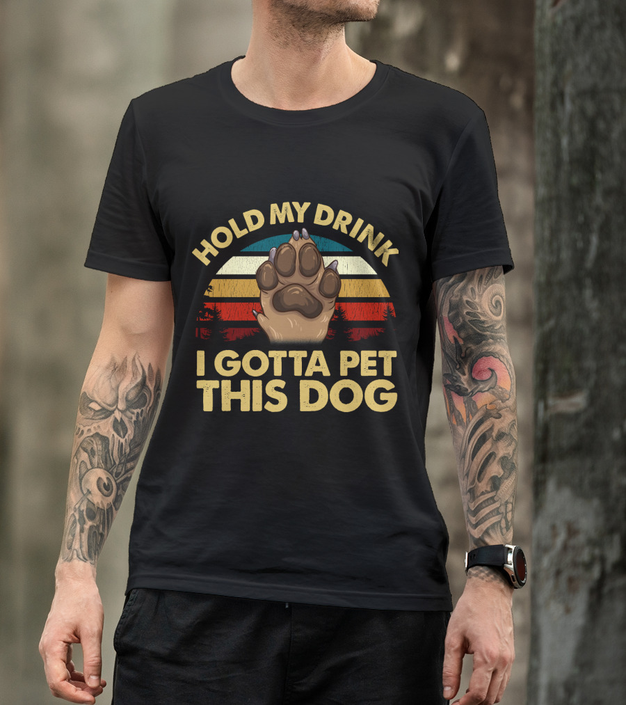Hold My Drink I Gotta Pet This Dog Vintage Sunset Dog Paw T-Shirt