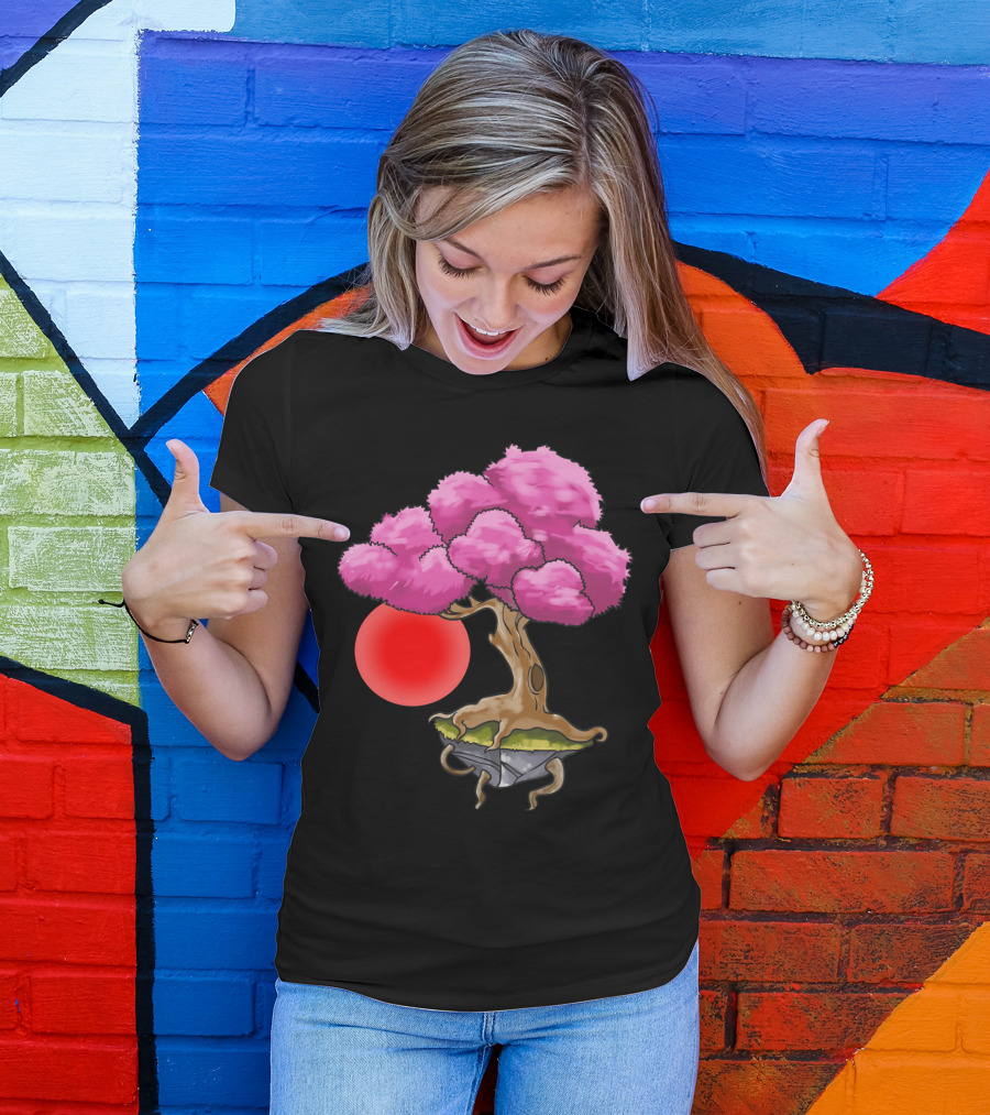 Floating Japanese Cherry Blossom Sakura Tree With Red Sun Sphere T-Shirt