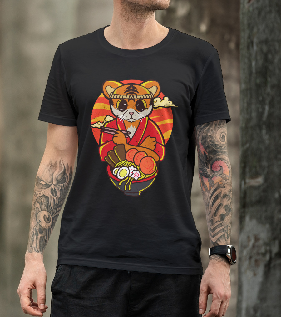 Kawaii Ramen Tiger In Kimono With Japanese Noodles And Sunset Background T-Shirt