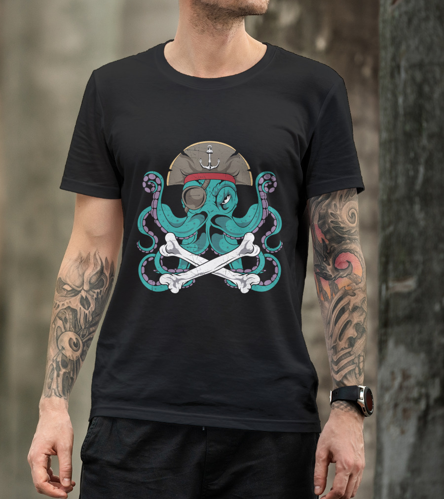 Octopus Pirate Jolly Roger Crossbones Anchor Hat Tentacles T-Shirt