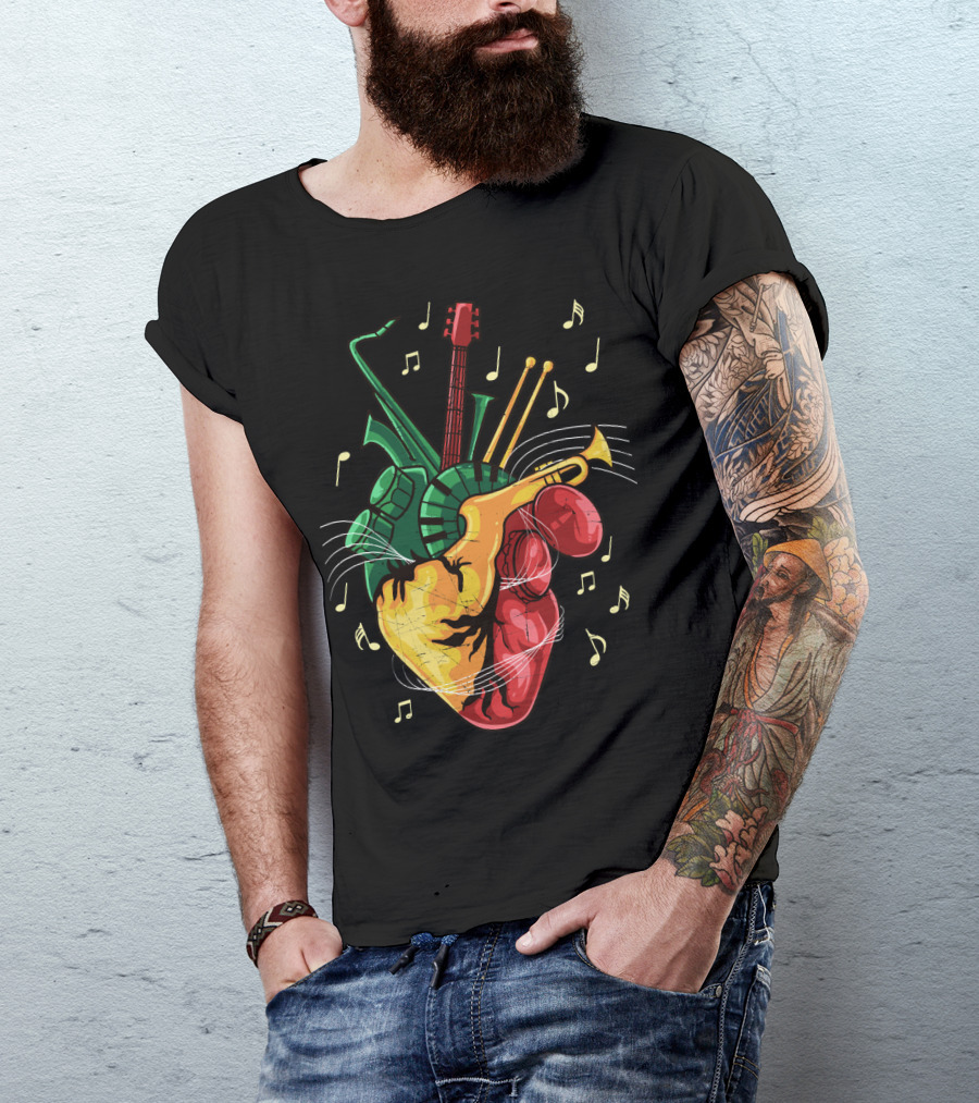 Reggae Lover Jamaican Heart Music Rastafari Instrument Fusion T-Shirt