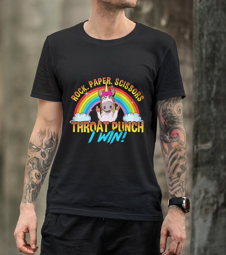 Rock Paper Scissors Throat Punch I Win Unicorn Rainbow T-Shirt