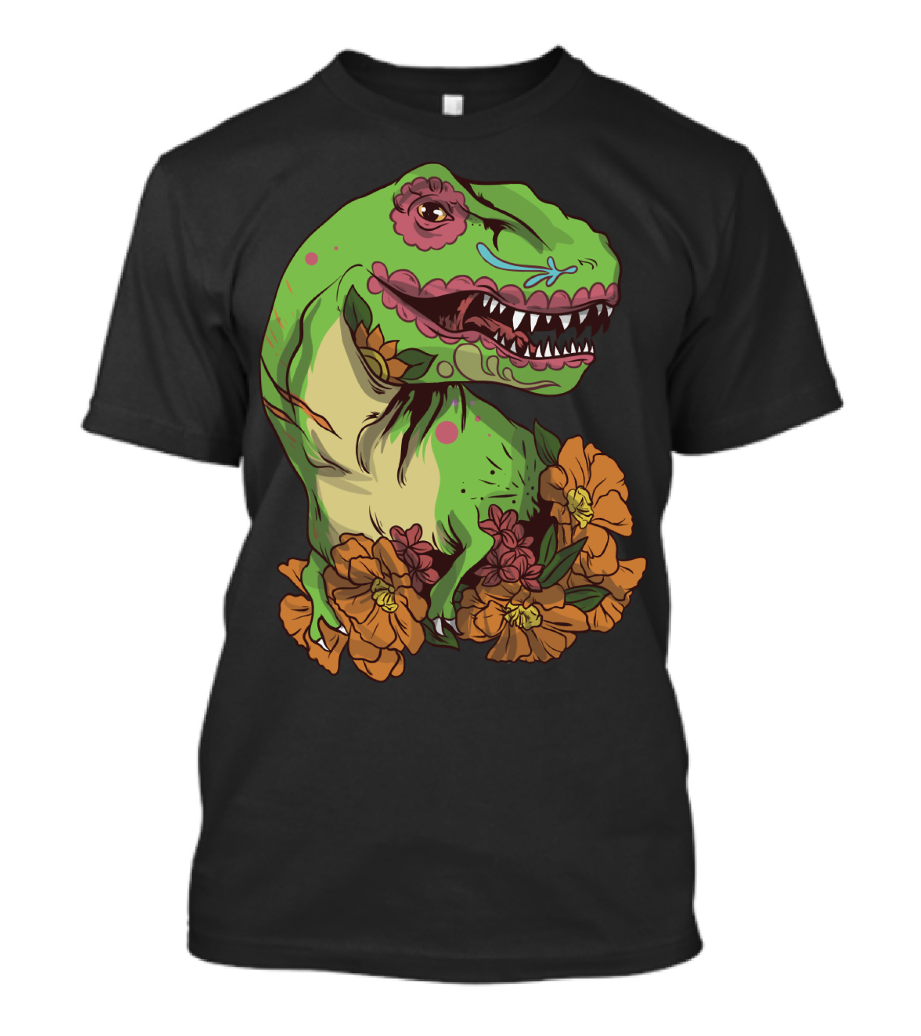 Sugar Skull Dinosaur Dia De Los Muertos With Vibrant Floral Accents T-Shirt