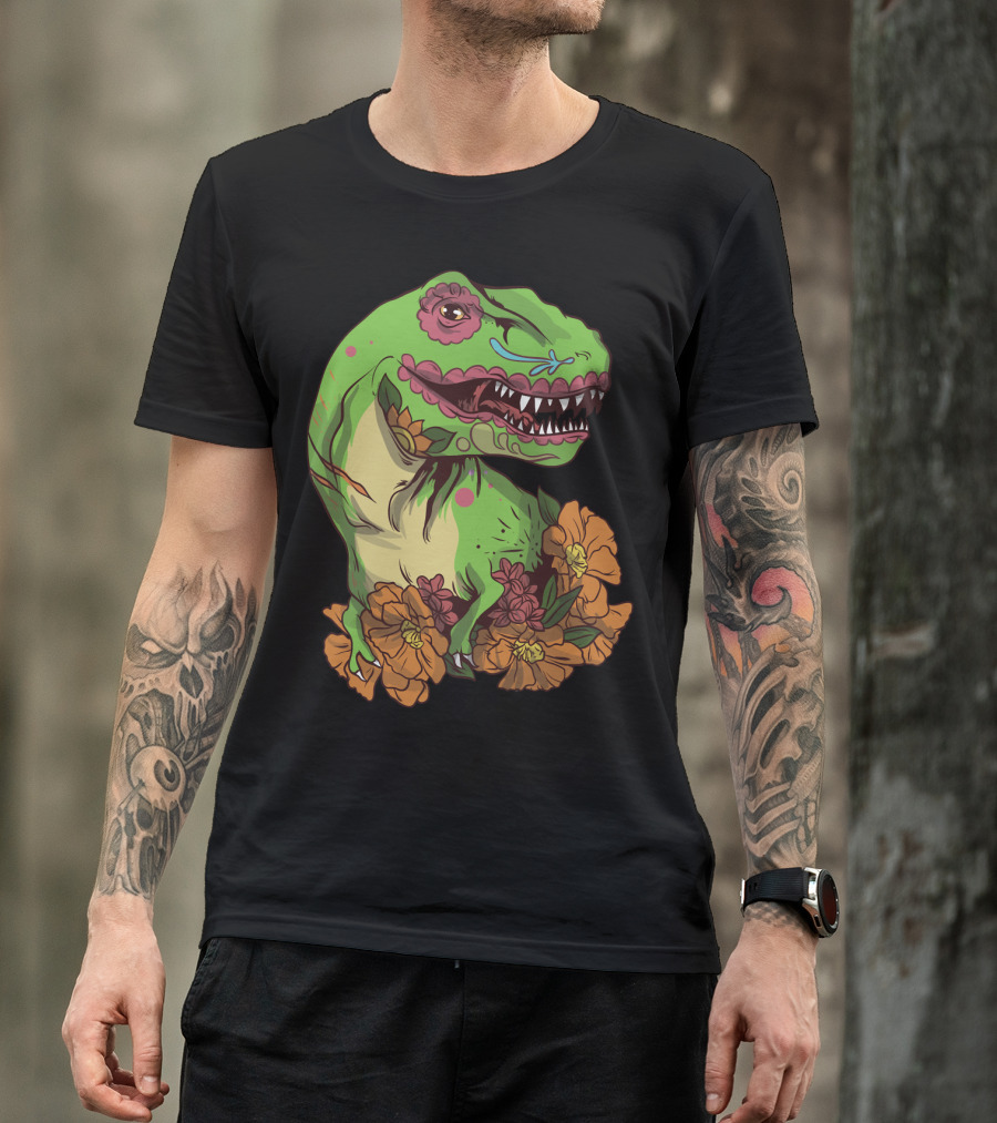 Sugar Skull Dinosaur Dia De Los Muertos With Vibrant Floral Accents T-Shirt