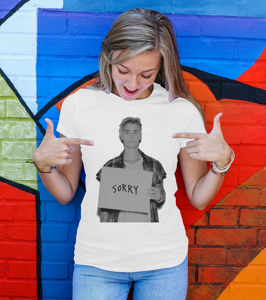 Sorry Justin Bieber Black And White Image T-Shirt