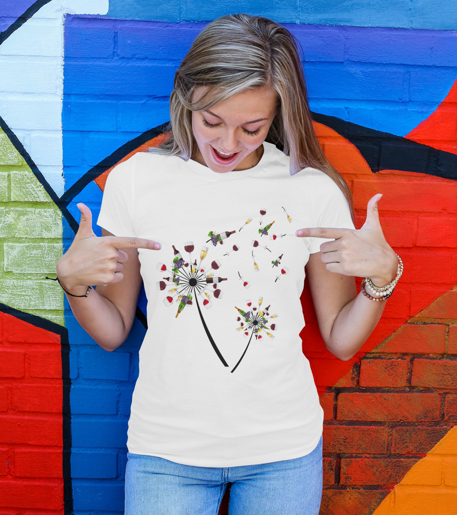 Printady Clothing Store Wine Glasses And Bottles Dandelion T-Shirt