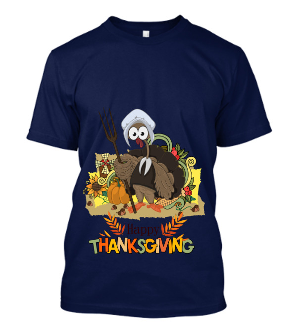 Happy Thanksgiving Turkey Holding Pitchfork Pumpkin Cornucopia Warm Colors T-Shirt