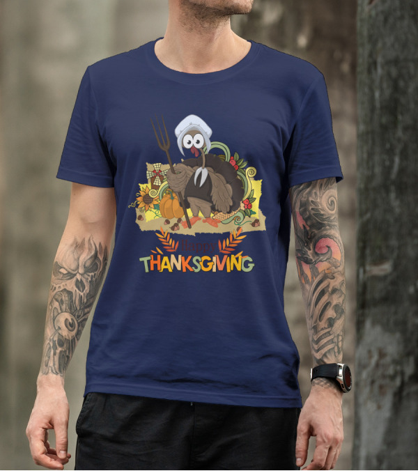 Happy Thanksgiving Turkey Holding Pitchfork Pumpkin Cornucopia Warm Colors T-Shirt