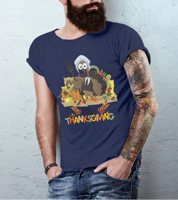Happy Thanksgiving Turkey Holding Pitchfork Pumpkin Cornucopia Warm Colors T-Shirt