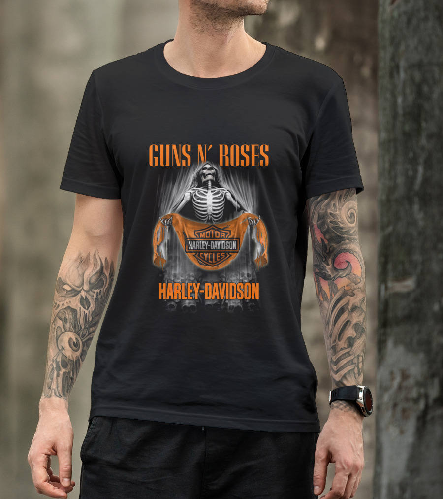 Guns N' Roses Harley Davidson Skeleton Holding Banner T-Shirt