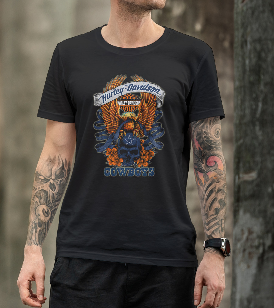Harley Davidson Motor Cycles Eagle Skull Flowers Cowboys T-Shirt