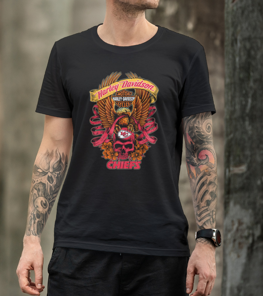Harley Davidson Kansas City Chiefs Skull Eagle Flowers T-Shirt