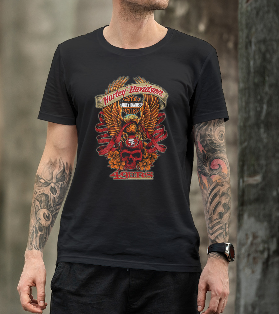 Harley Davidson San Francisco 49ers 49ers Eagle Skull Flowers T-Shirt