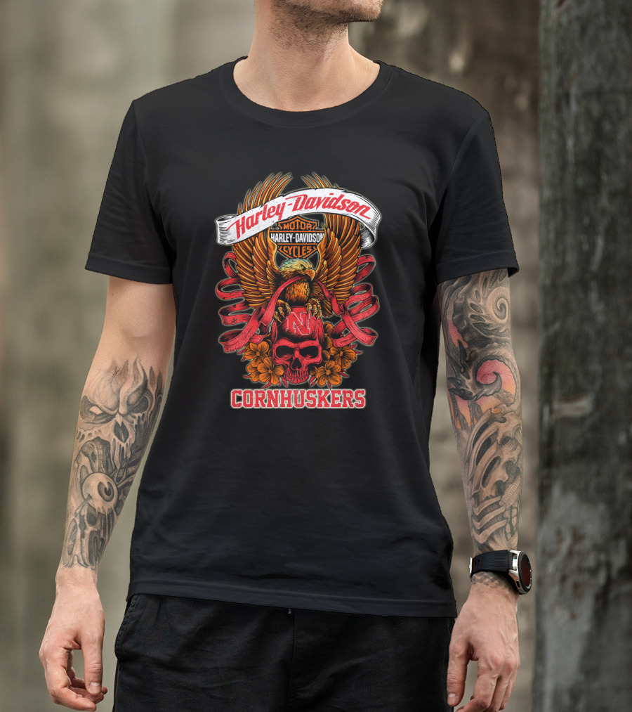Harley Davidson Motor Cycles Nebraska Cornhuskers Eagle And Skull T-Shirt