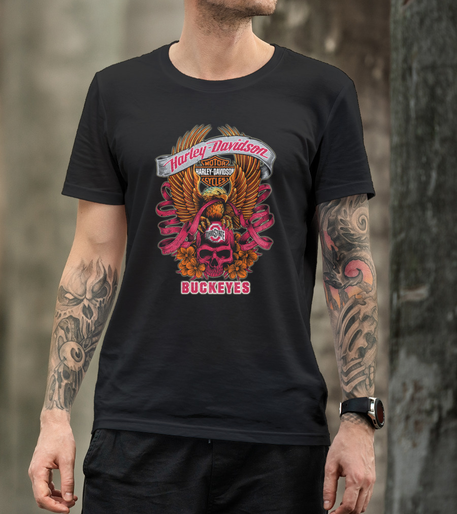 Harley Davidson Ohio State Buckeyes Skull And Eagle T-Shirt
