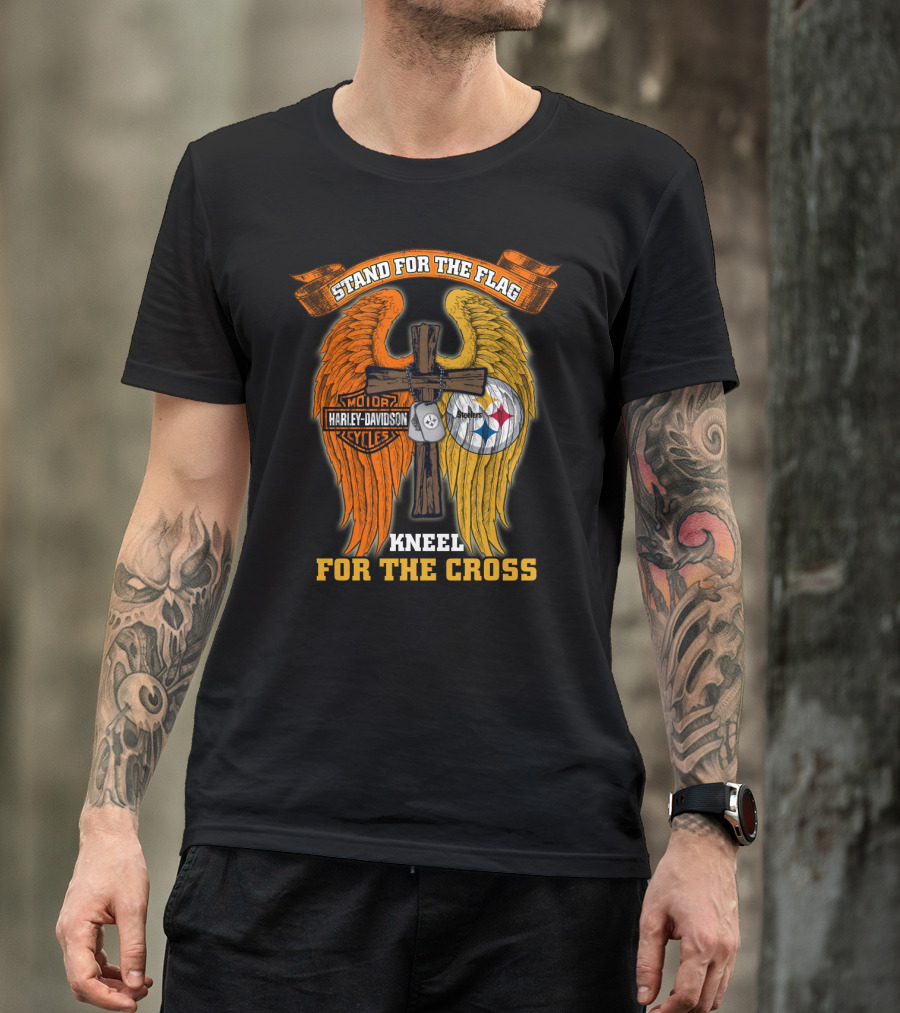 Stand For The Flag Kneel For The Cross Harley Davidson Pittsburgh Steelers Wings T-Shirt