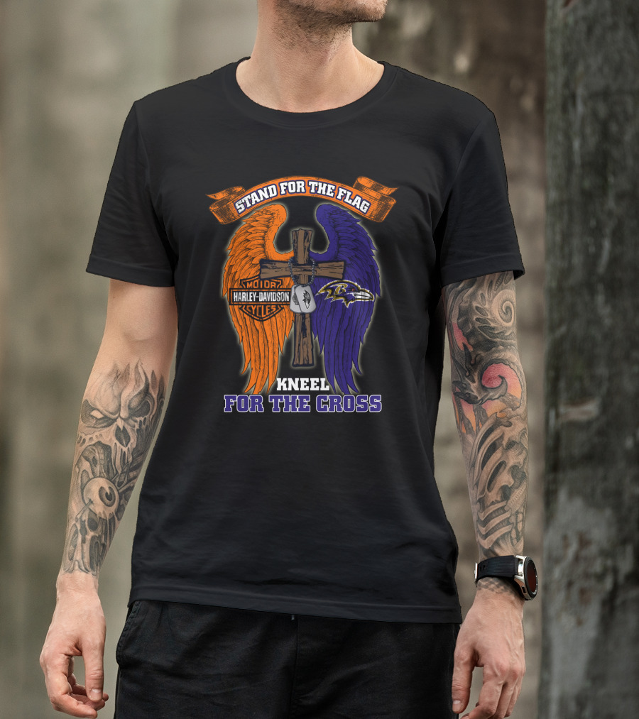 Stand For The Flag Kneel For The Cross Harley Davidson Motorcycles Baltimore Ravens T-Shirt