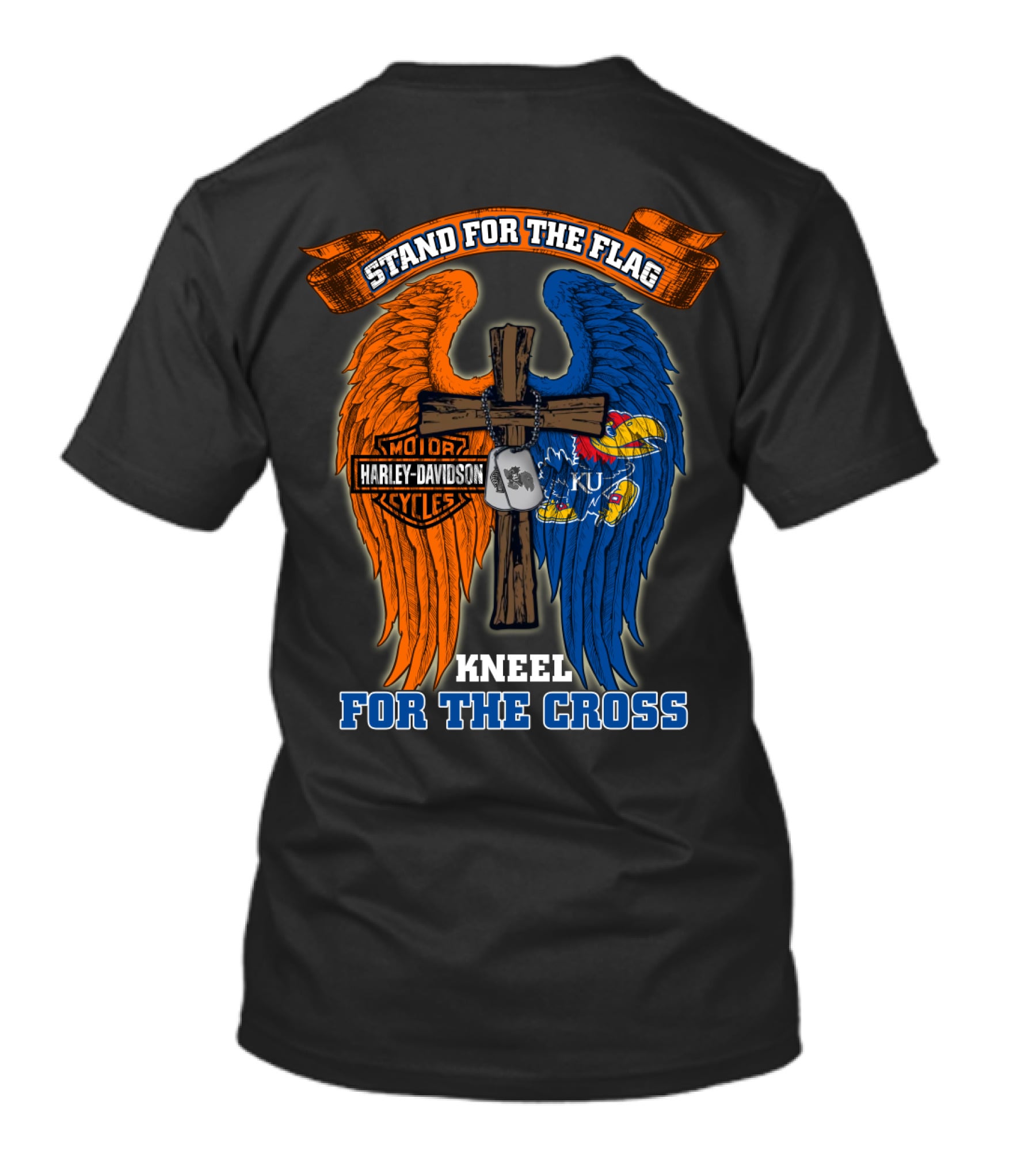 Stand For The Flag Kneel For The Cross Harley Davidson Motorcycles Kansas Jayhawks Ku T-Shirt