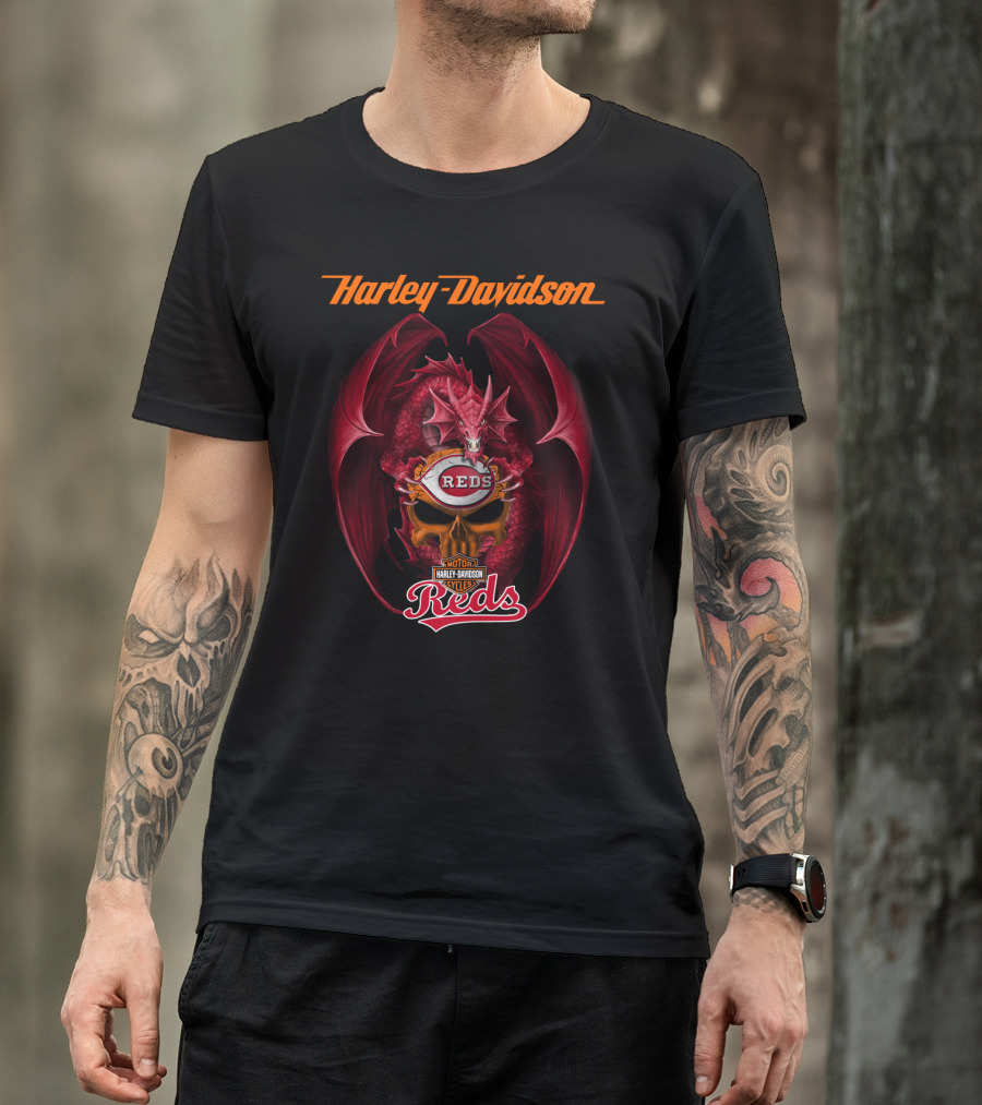 Harley Davidson Motor Cycles Reds Dragon Cincinnati Reds T-Shirt