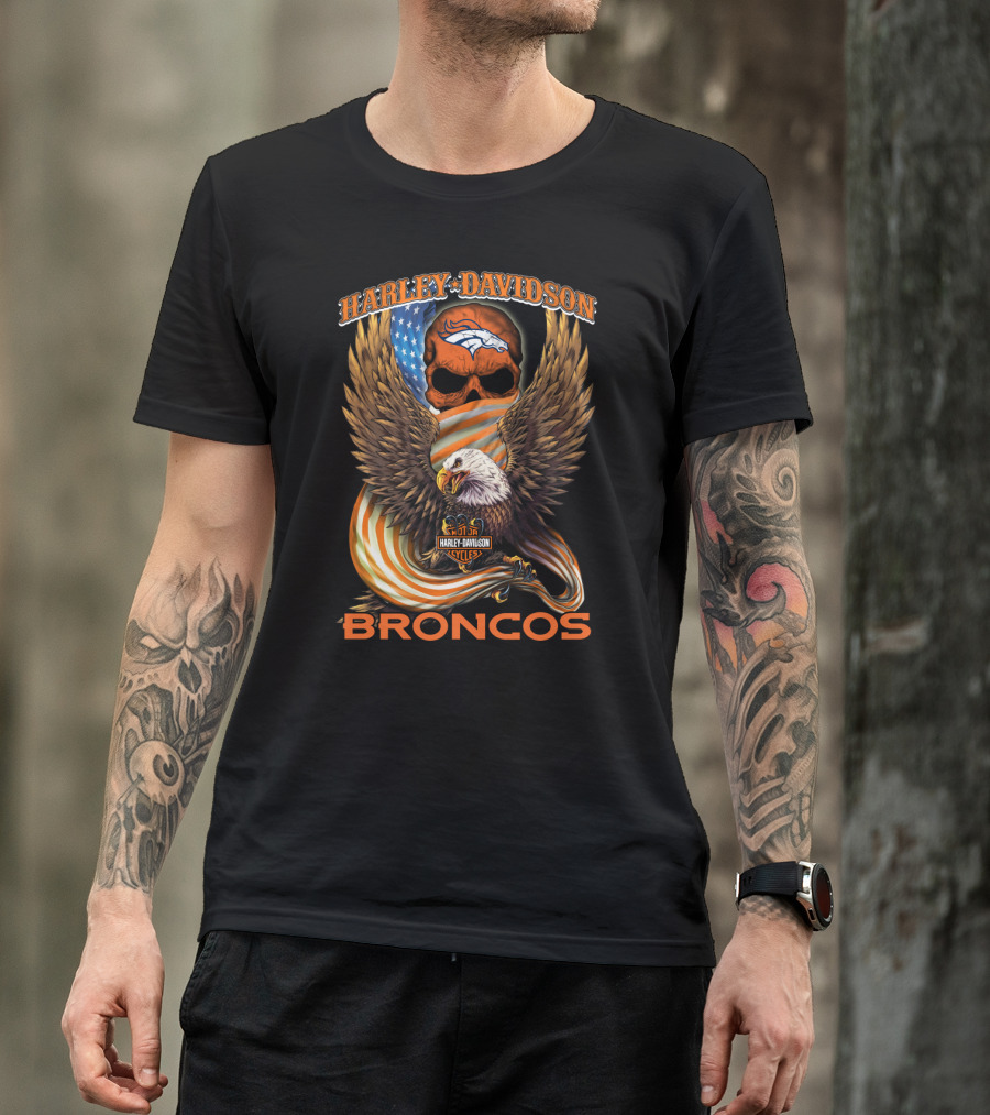 Harley Davidson Denver Broncos American Eagle Usa Skulls T-Shirt