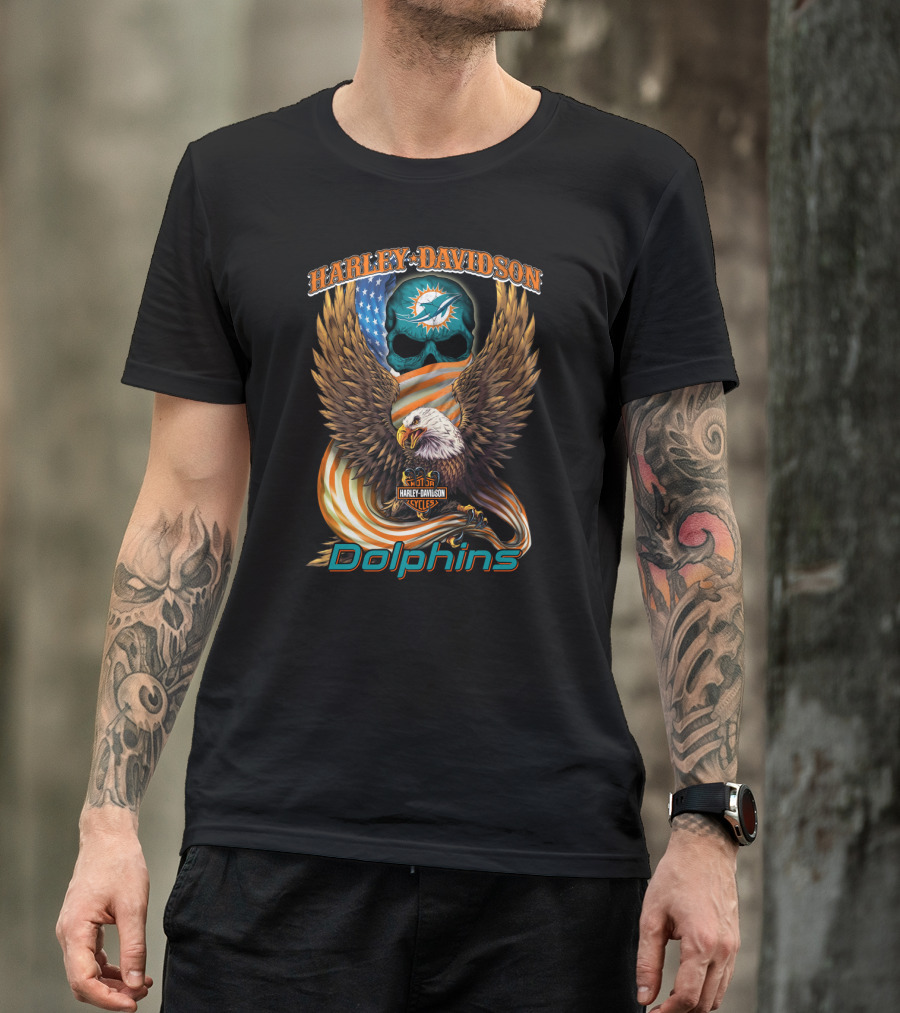 Harley Davidson Miami Dolphins Hl6 Cycles Eagle Flag Skull T-Shirt