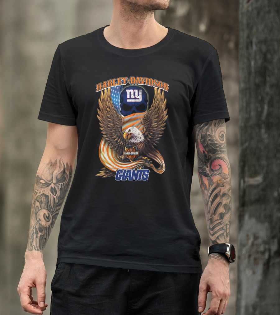 Harley Davidson New York Giants American Eagle Nfl Skull Usa Flag T-Shirt