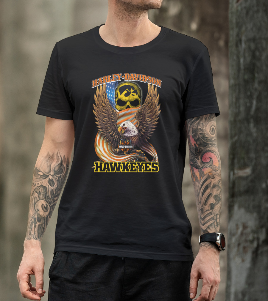 Harley Davidson Iowa Hawkeyes Skull Eagle Cycles Flag T-Shirt