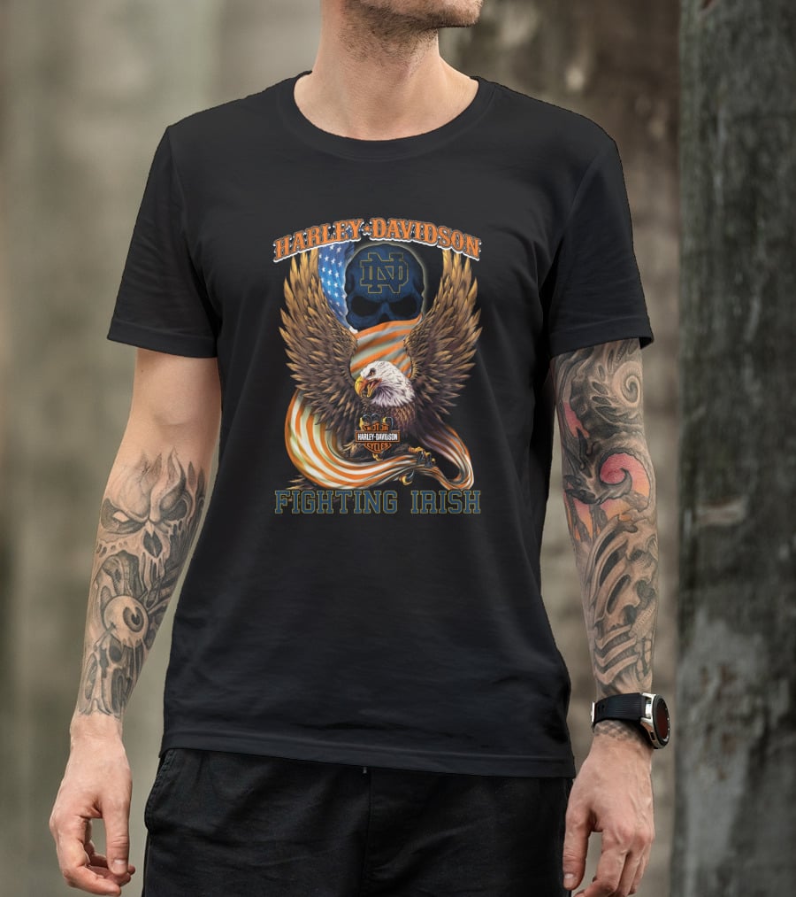 Harley Davidson Notre Dame Fighting Irish Eagle American Flag T-Shirt