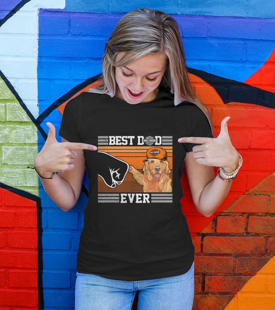 Best Dad Ever Motor Harley Davidson Cycles Golden Retriever Hat Fist Bump T-Shirt