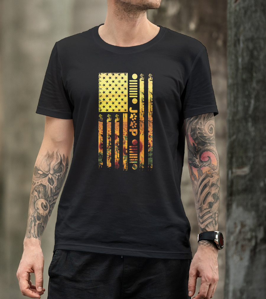 USA Flag Sunflower Paws Jeep Icon T-Shirt
