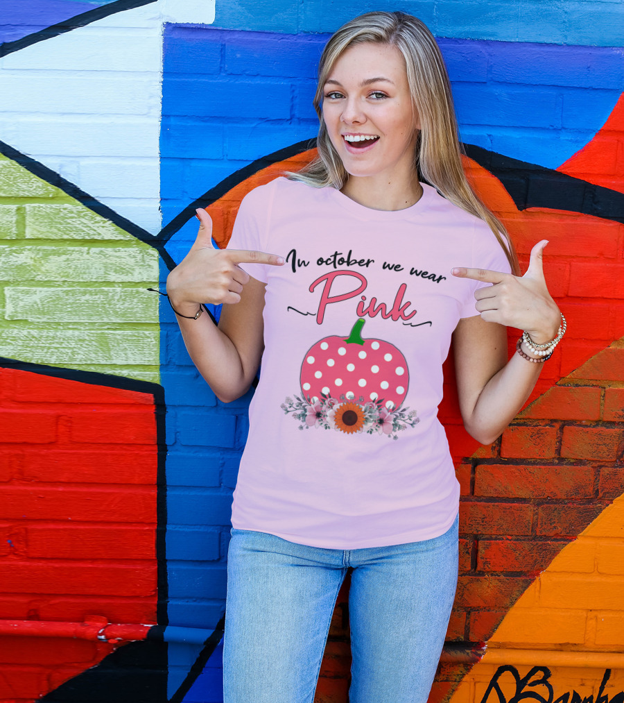 In October We Wear Pink Polka Dot Pumpkin With Flowers Breast Cancer Awareness T-Shirt