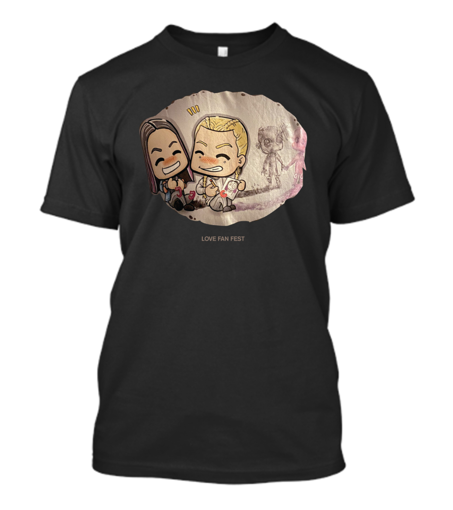 LOVE FAN FEST Cartoon Characters Holding Ice Cream With Smiling Face And Pop Culture Sketch Background T-Shirt