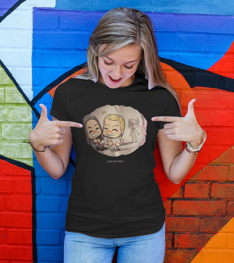 LOVE FAN FEST Cartoon Characters Holding Ice Cream With Smiling Face And Pop Culture Sketch Background T-Shirt