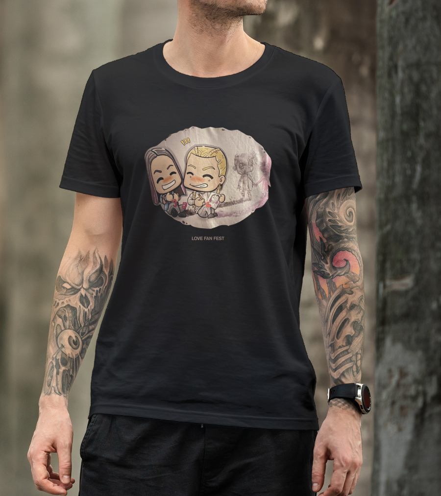LOVE FAN FEST Cartoon Characters Holding Ice Cream With Smiling Face And Pop Culture Sketch Background T-Shirt