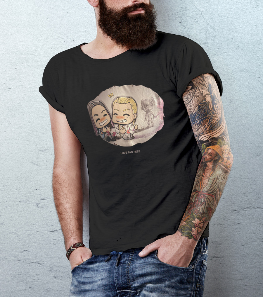 LOVE FAN FEST Cartoon Characters Holding Ice Cream With Smiling Face And Pop Culture Sketch Background T-Shirt