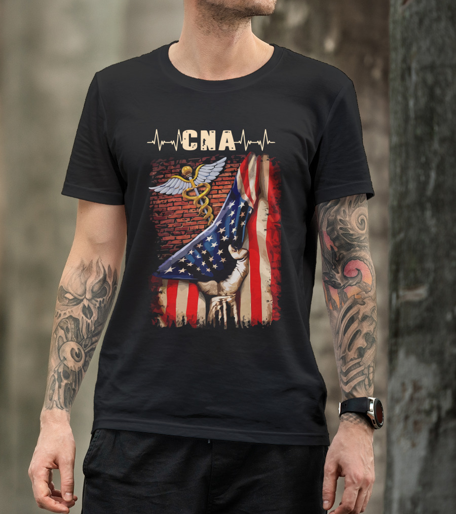 CNA Nurse American Flag Caduceus Symbol With Heartbeat T-Shirt